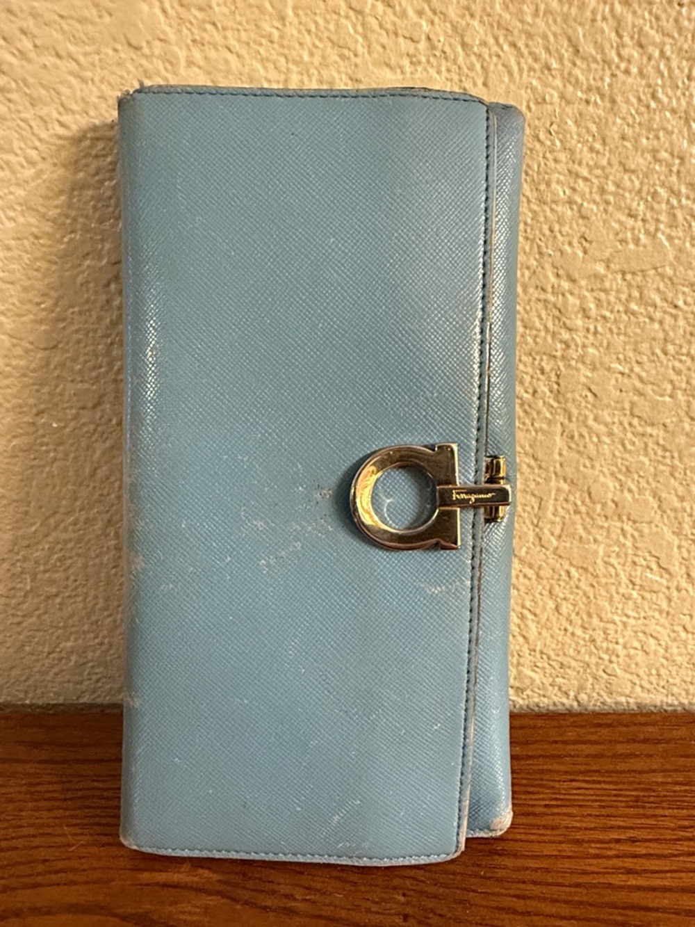 Salvatore Ferragamo Light Blue Leather Continental Wallet with Gold Hardware
